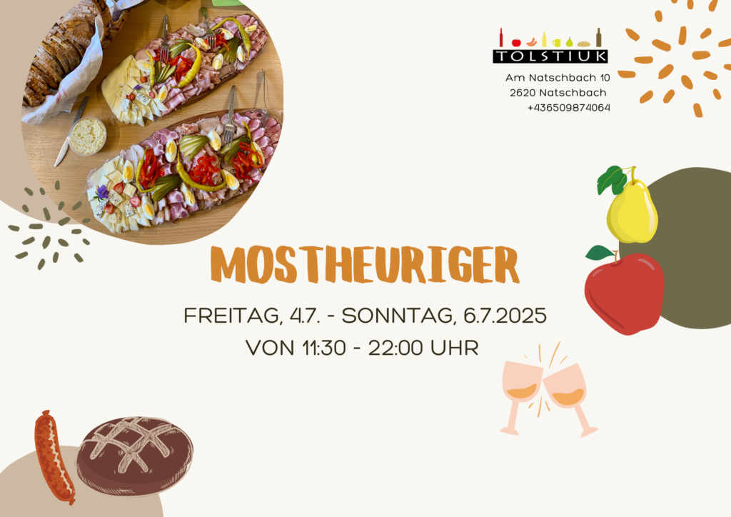 Mostheurigen Plakat mit Terminen für Juli 2025